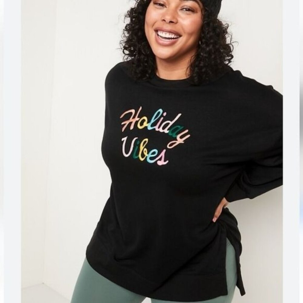 Old Navy Holiday Vibes Black Embroidered Tunic Sweatshirt Women's Size Small